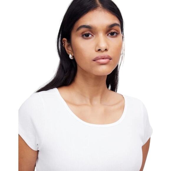 Madewell White Ribbed Cotton Cap Sleeve Crewneck Tee Top Size M NWT - Picture 5 of 9